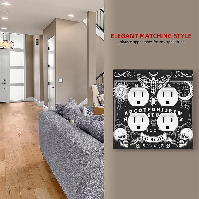 Black Witchy Skeleton Skull Gothic Sun Moon Outlet Covers 2 Gang Double Duplex Decorative Light Switch Covers Electrical Wallplates Socket Faceplate for Bedroom Living Room Decor