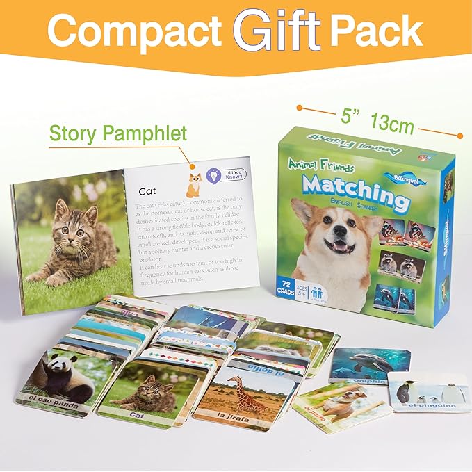 72 (36 Pairs) Spanish English Bilingual Animal Memory Matching Game with Reusable Custiomizable Cards,Instruction Language Learning Games for ESL and Language Immersion for Teens.