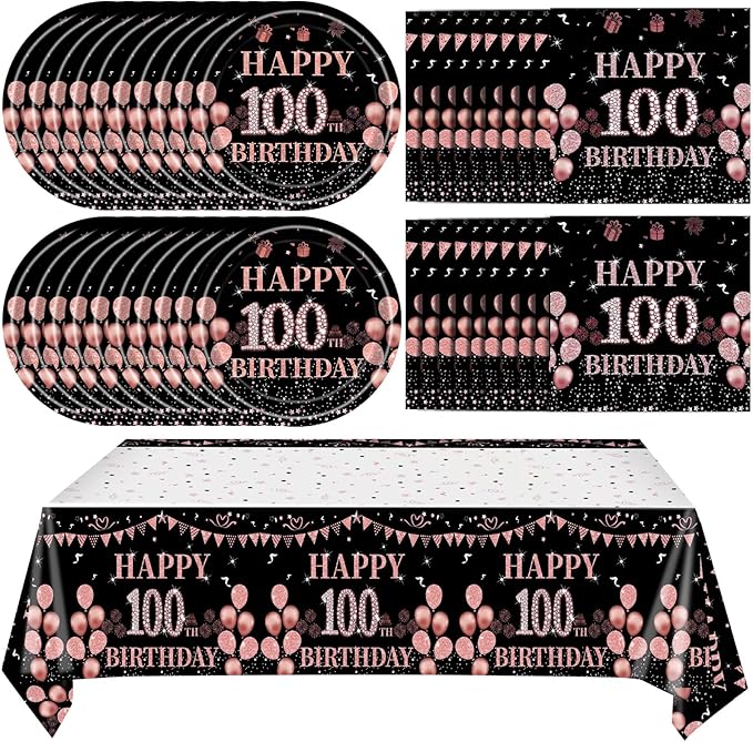 41Pcs 100th Birthday Decorations for Women, Vintage 100 Birthday Black and Rose Gold Disposable Paper Plates and Napkins Party Supplies for 20 Guests, 41Pcs Include 7" Plates Napkins and Tablecloth