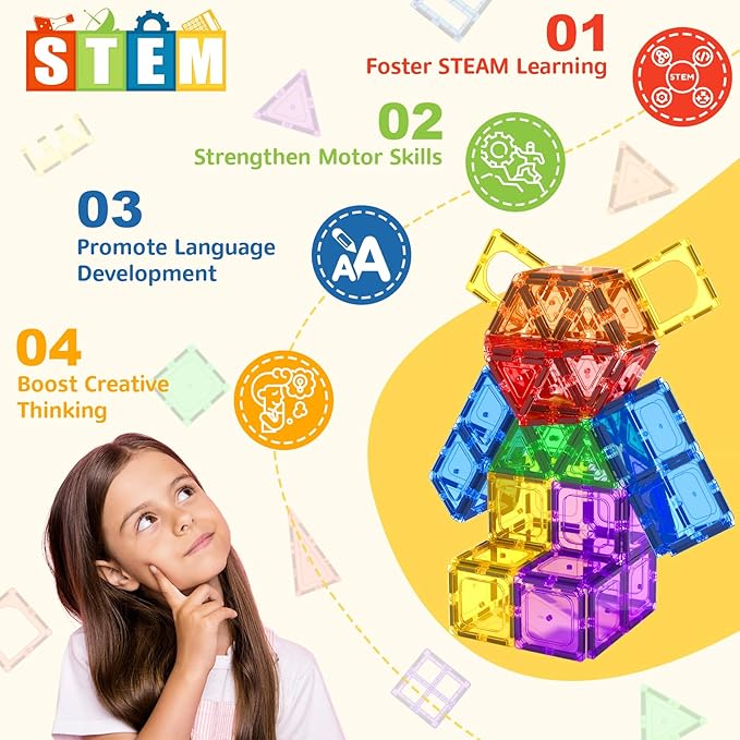 Coodoo 60 PCS Magnetic Building Tiles Kids Toys STEM Magnetic Blocks Sensory Toys Kids Games Magnet Building Toy for Boys and Girls Aged 3+, Kid Brain Development Preschool Kindergarten Toddler Toy