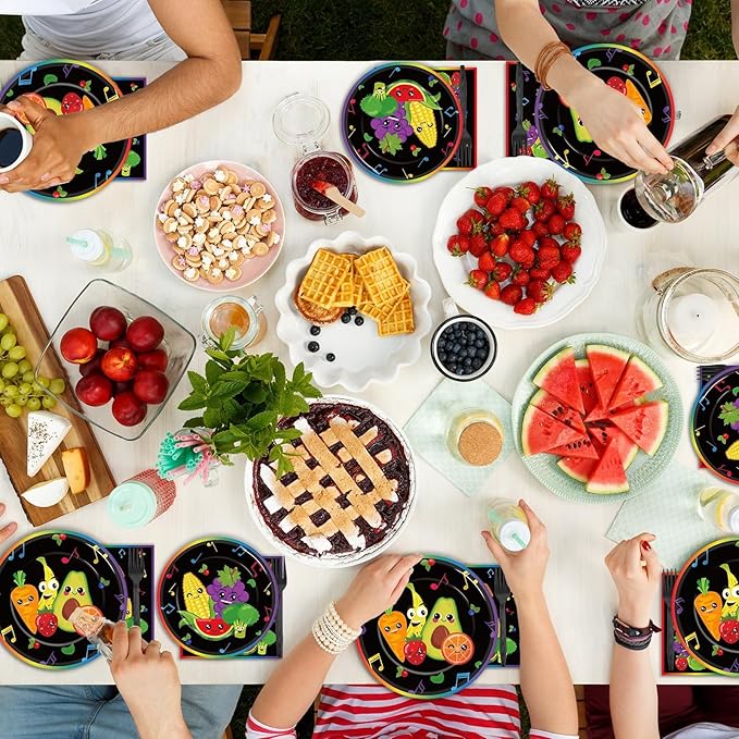 96 Pcs Dancing Fruit Party Plates and Napkins for Fruit Birthday Theme Supplies Dancing Fruits Themed Paper Dessert Plates Fruits Party Tableware Set for Kids 24 Guests Birthday Decoration