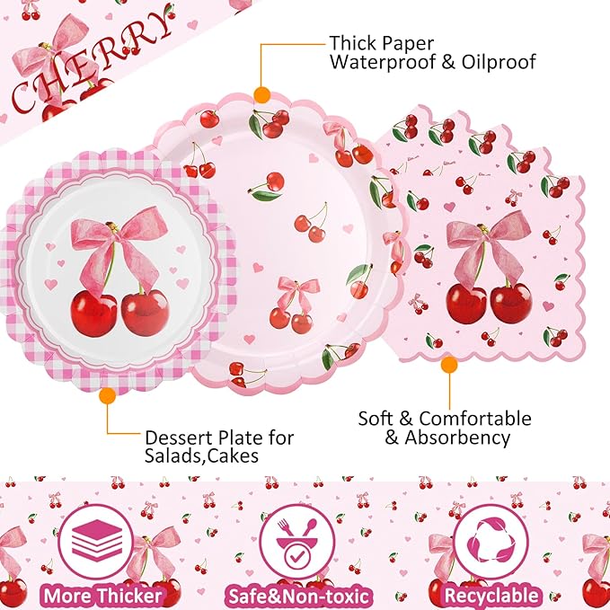 Cherry Party Plates and Napkins Supplies | 25 7inch Dessert Plates | 25 9inch Disposable Plates | 25 Napkins | 25 Forks | 1 Tablecloth for Birthday, Baby Shower,Summer Fruit 1st