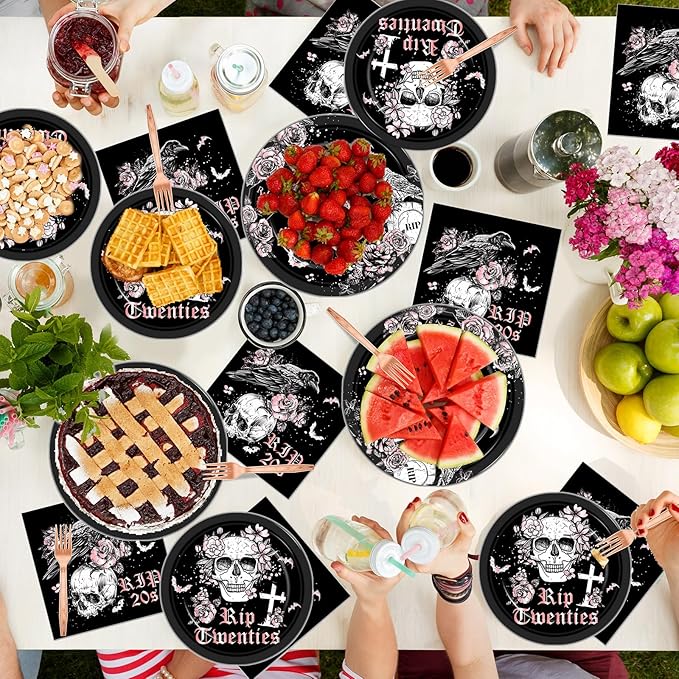 Qyeahkj 100 Pcs 30th Birthday Party Supplies Death to My 20s Paper Plates and Napkins Set Disposable Black Rose Gold Rip to My 20s Tableware Decorations for Women Funeral Youth Party Serve 25 Guests