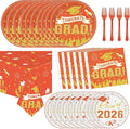 Graduation Plates and Napkins Party Supplies 2026 Graduation Decorations for 24,Orange Disposable Grad Plates Class of 2026 Dessert Plates Napkins,Tablecloth,Forks,for Congrats Grad Party Decorations