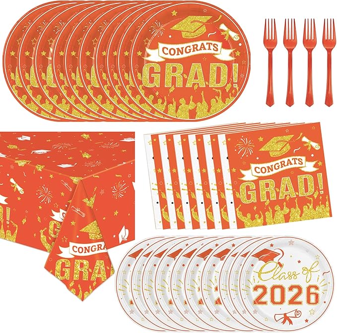 Graduation Plates and Napkins Party Supplies 2026 Graduation Decorations for 24,Orange Disposable Grad Plates Class of 2026 Dessert Plates Napkins,Tablecloth,Forks,for Congrats Grad Party Decorations