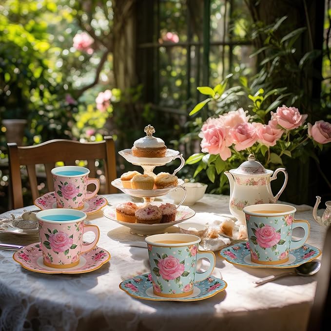 Umigy 36 Sets Mother's Day Tea Party Decorations 9 oz Floral Paper Teacups & Saucer Set for Girls Women Tea Parties Mothers Day Bridal Shower Wedding Birthday Party Decorations(Blue Pink)