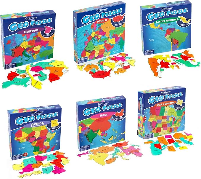 GeoToys GeoPuzzle, Country Jigsaw Puzzles Set of 6, Geography Game & Map Puzzle, Educational Games & Kids Learning Activities, Puzzle Gifts for Children Ages 6-9, Fun Learning Toys for Kids