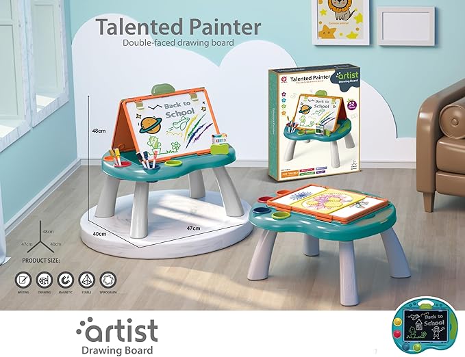 Kids Drawing Board Art Easel Toy Double Sided Chalkboard & Whiteboard Tabletop with Ludo Snakes Ladders Board Games, Dry Erase Markers, Chalk - Birthday Gift Toddler Boys Girls