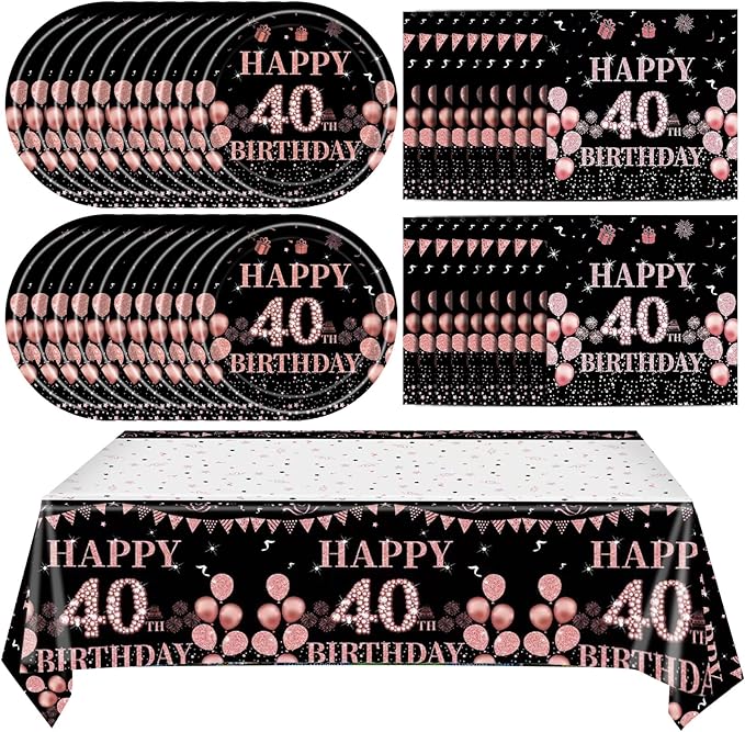 41Pcs 40th Birthday Decorations for Women, Vintage 40 Birthday Black and Rose Gold Disposable Paper Plates and Napkins Party Supplies for 20 Guests, 41Pcs Include 7" Plates Napkins and Tablecloth