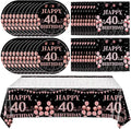 41Pcs 40th Birthday Decorations for Women, Vintage 40 Birthday Black and Rose Gold Disposable Paper Plates and Napkins Party Supplies for 20 Guests, 41Pcs Include 7" Plates Napkins and Tablecloth