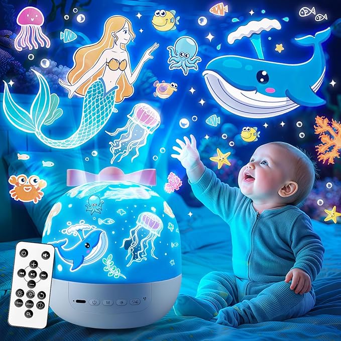 PIKOY Star Projector for Kids Gifts, 15 Films+15 Soothing Sounds Machine Baby Night Light Projector, Remote 360° Rotation Fruit Ocean Star Lights for Ceiling Decor, Kawaii Birthday Gifts Girls Toys