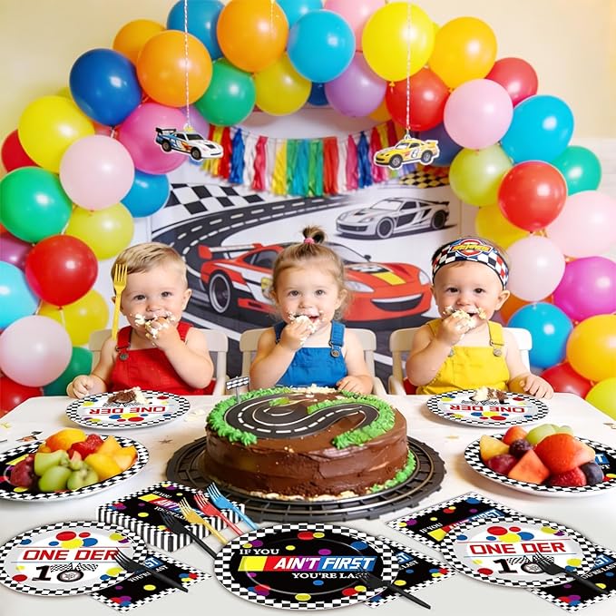 96 Pcs Race Car 1st Birthday Party Plates and Napkins Racing Cars First Birthday Decor Race Car One Year Old Dessert Cake Plates Racing Cars Theme Tableware Set for Kids Boy Party Decor 24 Guests