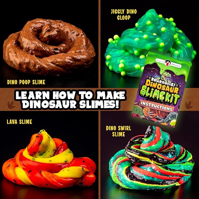 Original Stationery Dinosaur Slime Kit for Boys, DIY Glow-in-The-Dark Slime Set with Lava, Blood & Dino Poop, Fun Sensory Play Activity with Glitter Formula, Birthday Gift