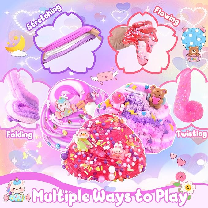 LAWOHO 6 Pack Pink Slimes, Clear Butter Cloud Slime Kit for Girls Ages 8-12, Non-Stick Kids Slime Party Favors Toys with Cute Add-Ins, Birthday Goodie Bag Stuffers Easter Valentines Day Gifts for Kids