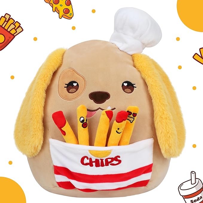 Hopearl Cute Chef Dog Plush Toy with Chips, Adorable Pillow Stuffed Animal, Smooth Plushies Pillow Gift, Soft Toy for Kids