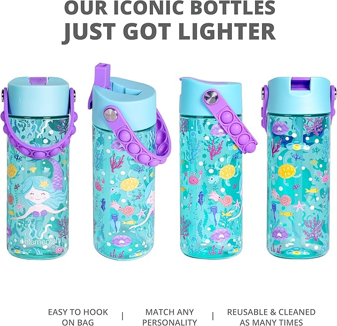 Elemental Leak Proof Water Bottles for Kids - Splash Kids Water Bottle for School with Pop-it Handle - Tritan Plastic Water Bottle with Straw - Mermaid & Pink Unicorn - 18oz (2 Pack)