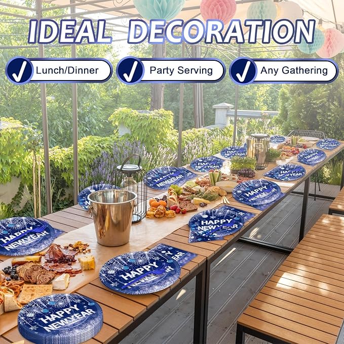 100PCS Happy New Year Party Plates and Napkins Party Supplies Blue 2026 New Year's Eve Platters Dessert Cake Tableware Set Party Decor Favor for New Year Evening Party Celebration Decoration Serves 25