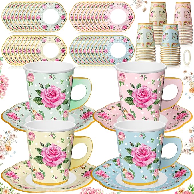 Umigy 36 Sets Mother's Day Tea Party Decorations 9 oz Floral Paper Teacups & Saucer Set for Girls Women Tea Parties Mothers Day Bridal Shower Wedding Birthday Party Decorations(Multicolored)
