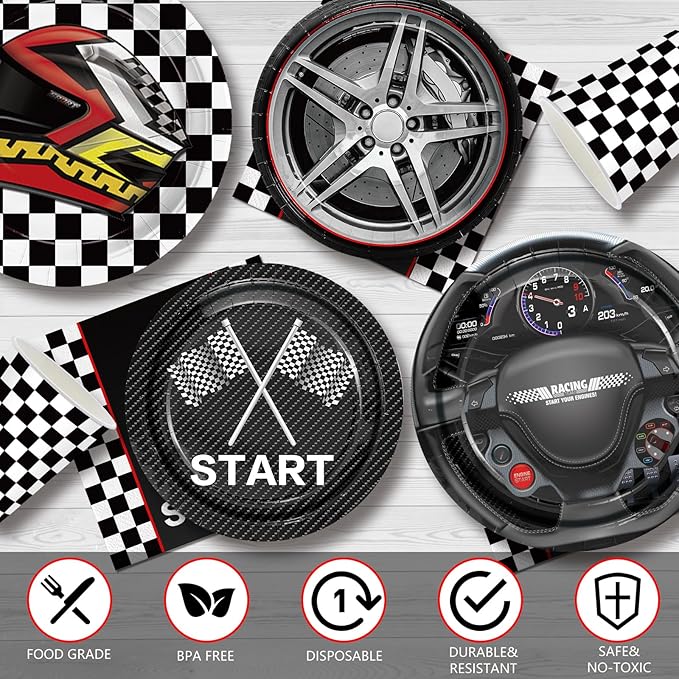 144pcs Race Car Plates Napkins Party Supplies Racing Themed Paper Cups Race Car Birthday Party Decorations Racing Tableware Set for kids Boys Birthday Decor Serves 24