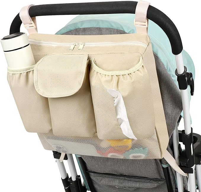 Accmor Stroller Organizer, Universal Large Capacity Stroller Bag Caddy Organizer Accessories for Uppababy, Nuna, Doona, Britax Strollers, White