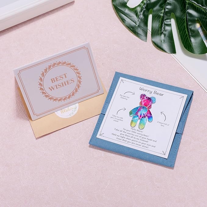 Aesnefe Worry Bear, Pocket Bear Hug, Anxiety Relief Gifts for Men Women, Mental Health Positivity Gift, Stress Relief Gift for Her, Comforting Gifts for Son Daughter Back to School, Rainbow Gradient