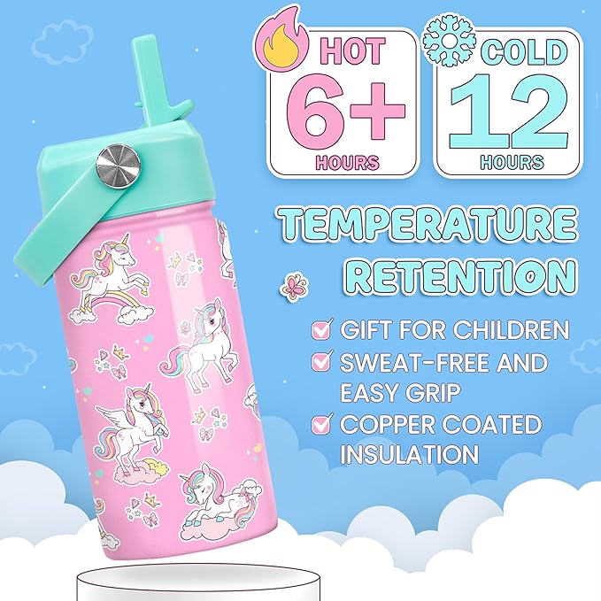 Unicorn Water Bottle - Kids Water Bottle with Straw Lid - 12 Oz Insulated Stainless Steel Water Bottles for Kid Girls - Travel Cup for School Sports