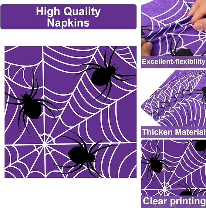 Qyeahkj 100 Pcs Halloween Birthday Party Supplies Paper Plates and Napkins Set Disposable Spider Web Tableware Decorations for Halloween Theme Baby Shower Serves 25