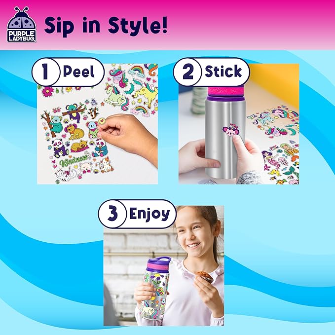 PURPLE LADYBUG Decorate Your Own Water Bottle Kit - Gifts for Girls Ages 4-8 Years Old Birthday, Little Girl Gifts, Kids Water Bottle for School, Valentines Gift for Girls