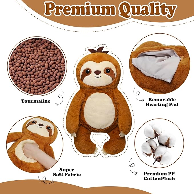 Weighted Heating Sloth Stuffed Animals - 16 Inch Big Microwavable Sloth with Zipper Cute Heating Pad Plush Toy Washable Unscented Comfort Hug Pillow for Kid Teen Adult Birthday Gift 2.2 Lbs