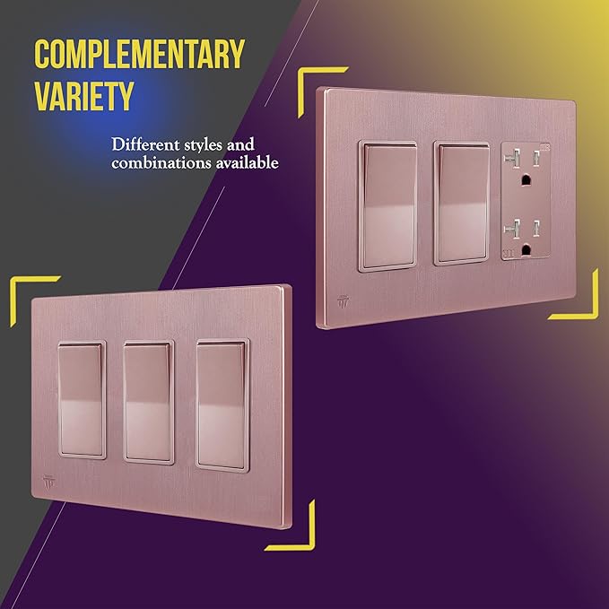 ENERLITES Elite Series Screwless Decorator Wall Plate Child Safe Outlet Cover, Gloss Finish, Size 3-Gang 4.68" H x 6.53" L, Unbreakable Polycarbonate Thermoplastic, SI8833-BRG, Brushed Rose Gold