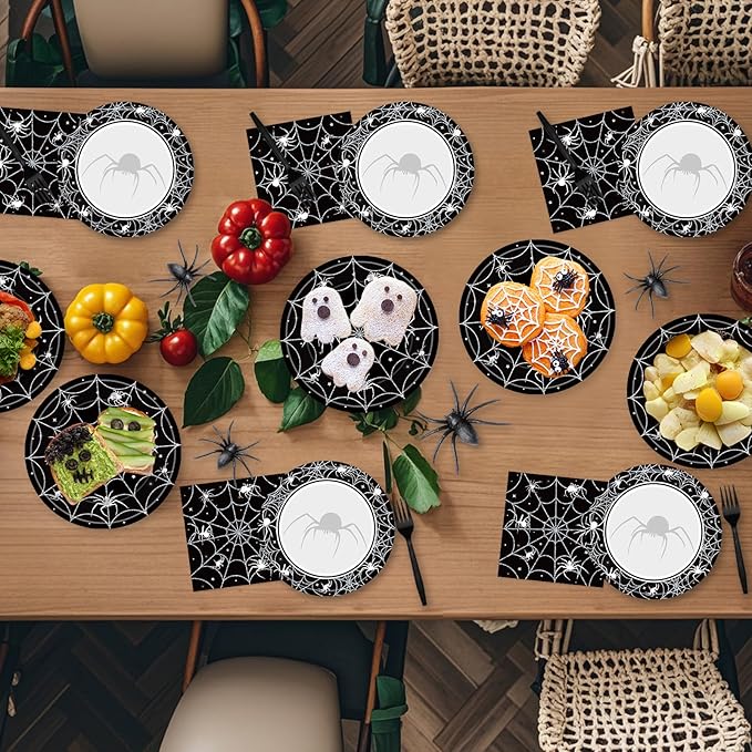 96 Pcs Halloween Plates and Napkins Set - Black Spider Webs Dinner Dessert Paper Plates Cocktail Napkins Forks Disposable Tableware for Spiderweb Halloween Party Decorations Supplies Favors, Serve 24