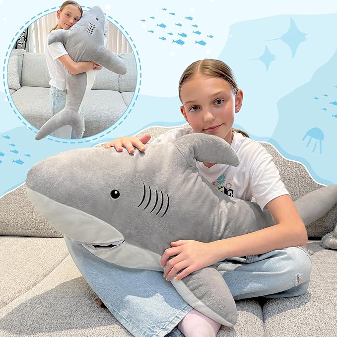 MorisMos 39inch Giant Shark Stuffed Animal, Large Stuffed Shark Plush Toys Pillow Gift for Kids Girlfriend, Gray