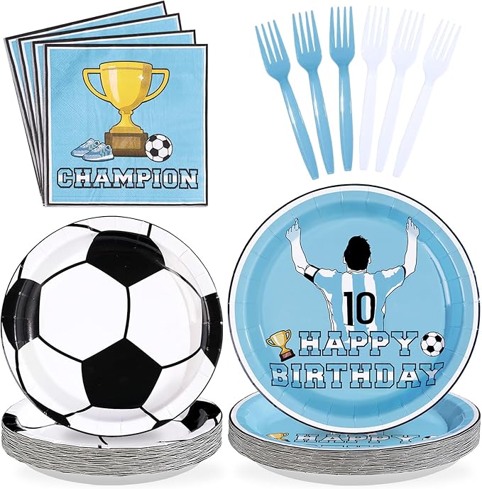 96Pcs Blue Soccer Birthday Party Supplies Blue Soccer Star Plates and Napkins Football Champion Themed Tableware Set for Sports Fans Football Theme Birthday Party Supplies，Serves 24