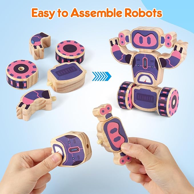 Mocoosy Wooden Robot Painting Art and Craft Kit for Kids Ages 3-5, Build & Decorate Your Own Robots with Paint & Stickers, Wood Robot STEM Game Montessoi Educational Toy Gift for Boys Girls 4-8 Years