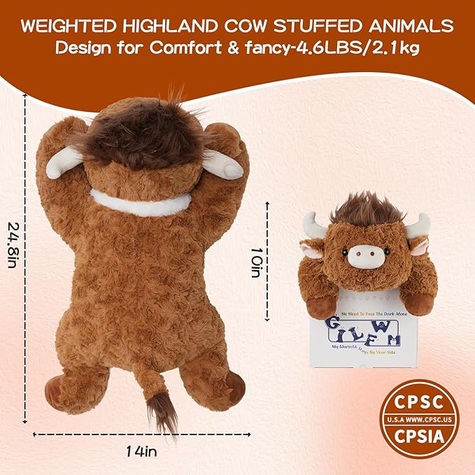 GILFWM 25" 5 Lbs Weighted Stuffed Animals Highland Cow, Heatable and Coolable Weighted Plush with Microwavable Heating Pad,Removable Soft Washable Cute Plushie Pillow Toy Gifts for Adults and Kids