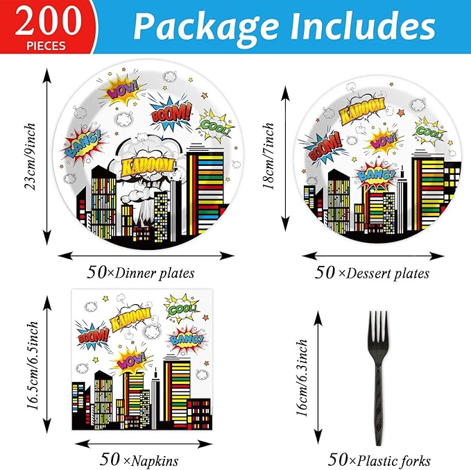 200pcs Super Party Plates Napkins Forks Hero Theme Party Tableware Set Hero Action Sign Party Disposable Paper Dessert Cake Dinnerware Boy Girl Happy Birthday Party Baby Shower Decor Supplies Serve 50
