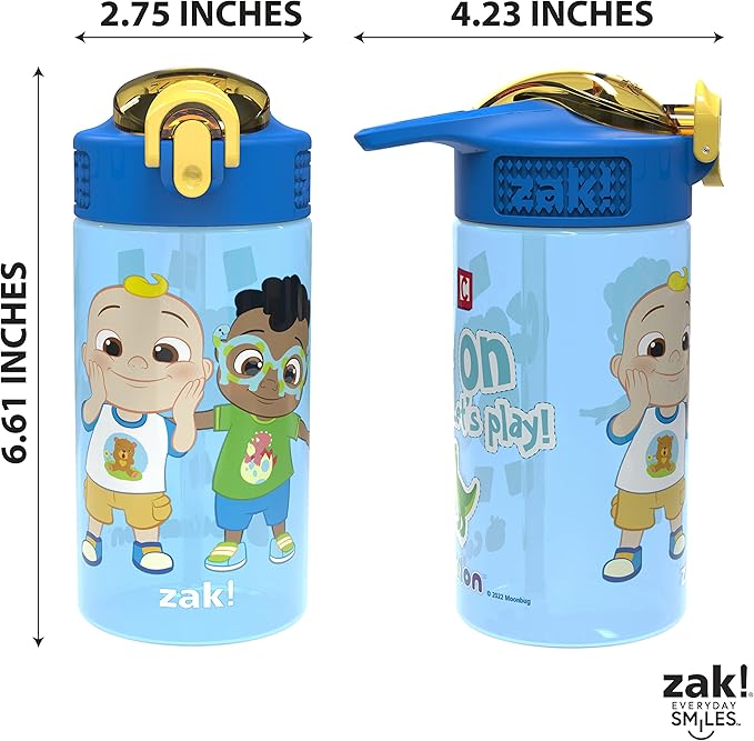 Zak Designs CoComelon Kids Water Bottle with Spout Cover and Built-In Carrying Loop, Durable Plastic, Leak-Proof Water Bottle Design for Travel (16 oz, 2-Pack, Non-BPA)