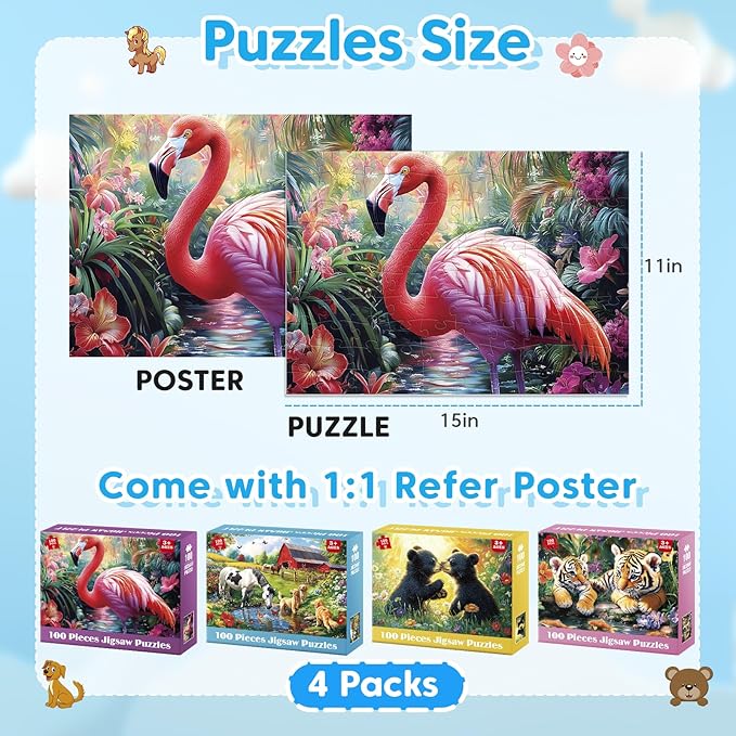 4-Pack 100 Piece Puzzles for Kids Ages 4-6 6-8 Year Old - Tigers Bears Farm Flamingos, Jigsaw Puzzles for Kids Ages 8-10, Learning Educational Children Puzzles 5-8 for Boys and Girls