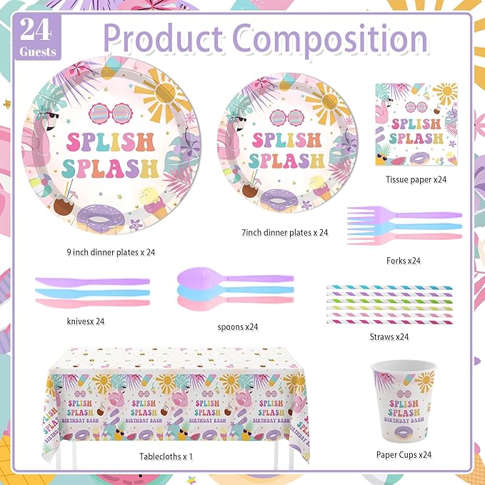 MEHOFOND Splish Splash Birthday Party Supplies Tableware Set 193 Pcs, Summer Pool Party Disposable Plates Cups Napkins Cutlery with Plastic Tablecloth for Girls Tropical Birthday Party