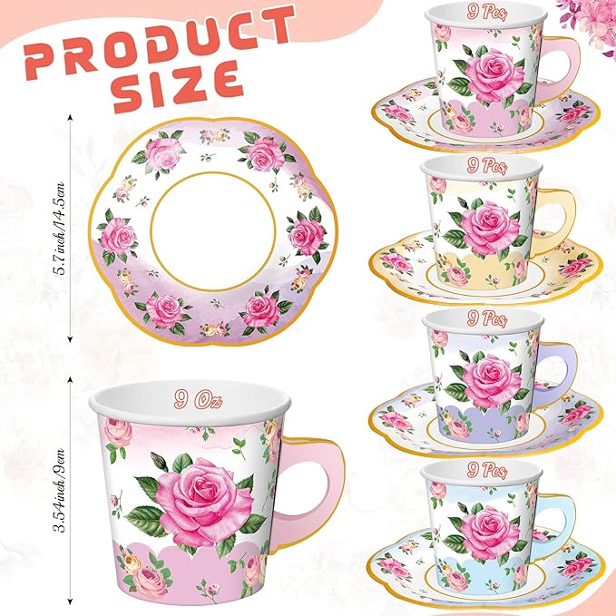 Umigy 36 Sets Mother's Day Tea Party Decorations 9 oz Floral Paper Teacups & Saucer Set for Girls Women Tea Parties Mothers Day Bridal Shower Wedding Birthday Party Decorations(Gradient Mixed Color)