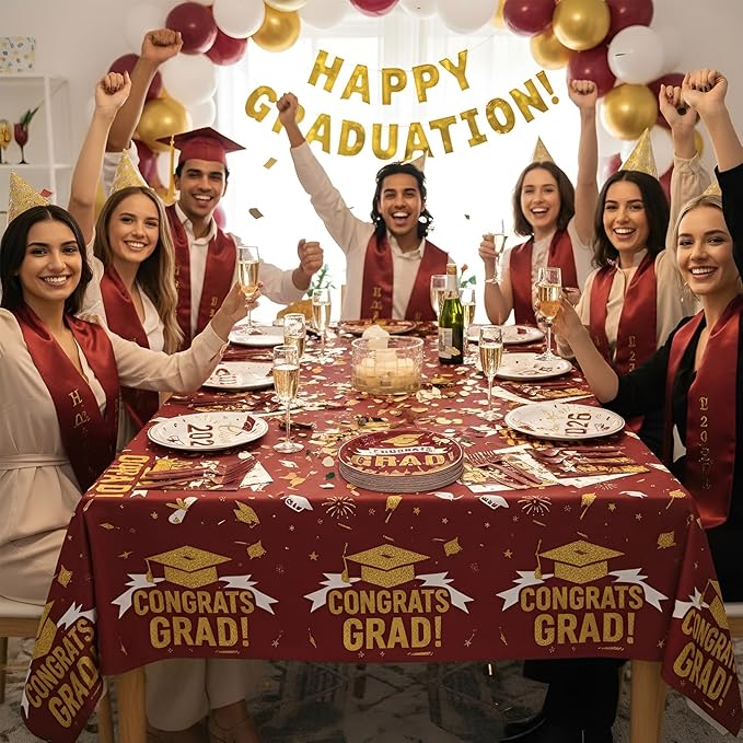 Graduation Plates and Napkins 2026,97Pcs Maroon Disposable Grad Plates Class of 2026 Dessert Plates Napkins,Tablecloth,Forks,Graduation Decorations for Congrats Grad Party,Serve 24