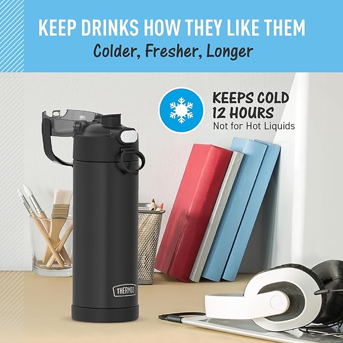 THERMOS FUNTAINER 16 Ounce Stainless Steel Vacuum Insulated Bottle with Wide Spout Lid,Black Matte,(Pack of 6)