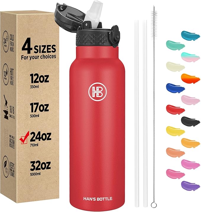 Han's Bottle Sports Water Bottle - 24 Oz, Straw Lid, Leak Proof, Vacuum Insulated Stainless Steel, Double Walled, Thermo Mug,Red