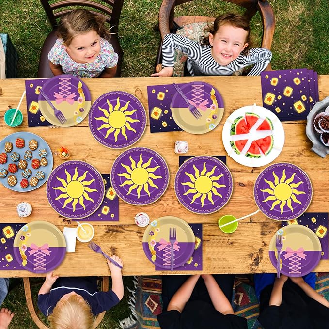 96Pcs Purple Sun Party Decorations Purple Princess Paper Plates and Napkins Princess Sun Themed Disposable Tableware Set for Girls Birthday Baby Shower Wedding Fairytale Party Supplies Serves 24