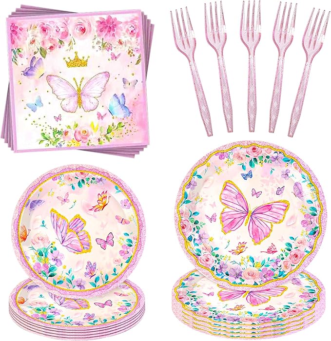 Butterfly Party Supplies for 24 Guests – 96 Pcs Pink Butterfly Disposable Party Tableware Set with Plates, Napkins and Forks, Birthday Decorations for Girls, Baby Shower & Spring Party