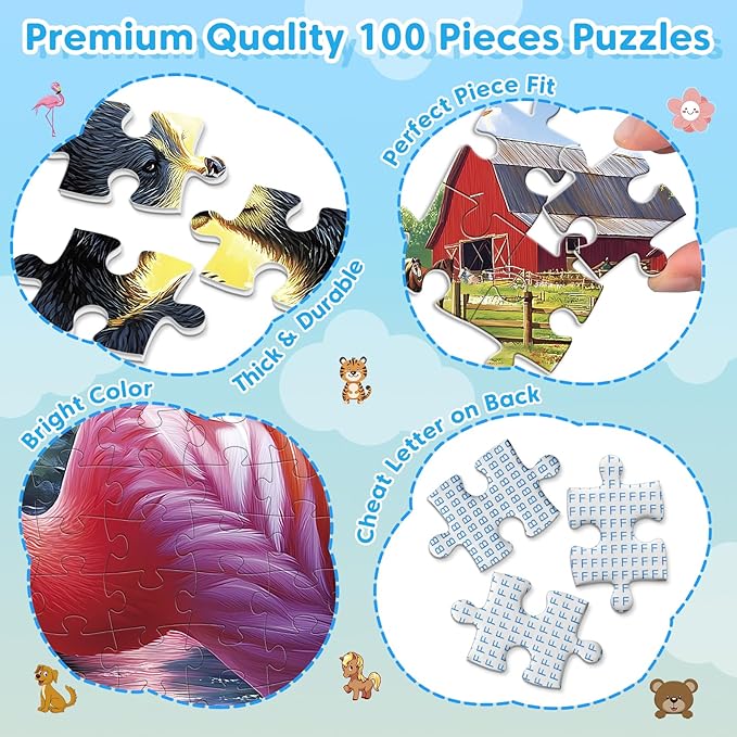 4-Pack 100 Piece Puzzles for Kids Ages 4-6 6-8 Year Old - Tigers Bears Farm Flamingos, Jigsaw Puzzles for Kids Ages 8-10, Learning Educational Children Puzzles 5-8 for Boys and Girls