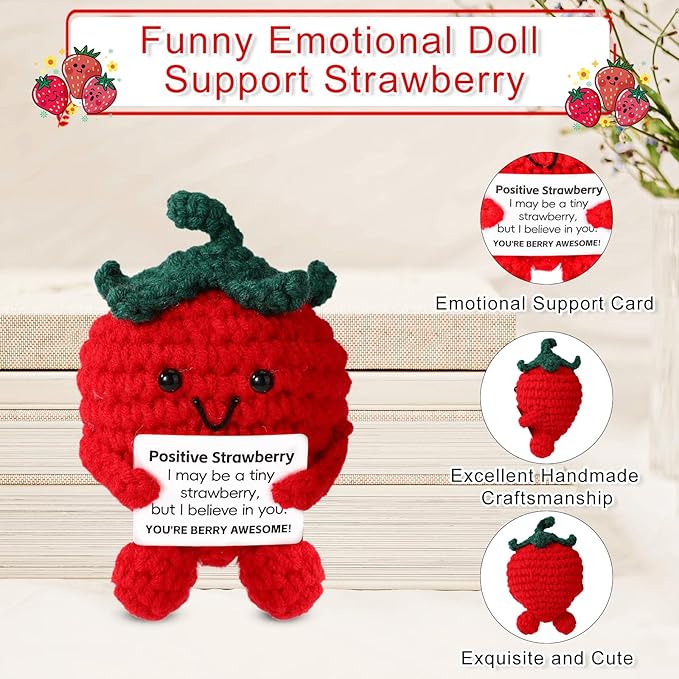 TOYMIS Cute Positive Strawberry, Crochet Strawberry Emotional Doll Support Fruit Knitted for Empowering Gift Home Office Decoration (Red)