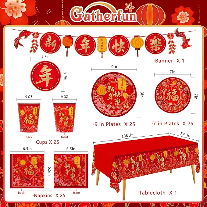 Chinese New Year Party Supplies Kit : Happy New Year Design Decorations Set with Disposable Plates, Napkins, Cups, Tablecloth, and Festive Banner - for Lunar New Year Celebrations Serves 25.
