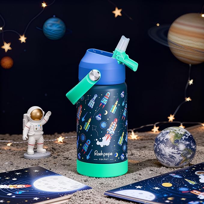 rockpapa 14 oz Kids Insulated Water Bottle，Stainless Steel Toddler Cups with Straws, BPA Free, Leak-Proof, Kids Water Bottle for School Boys& Girls (Blue Rocket)