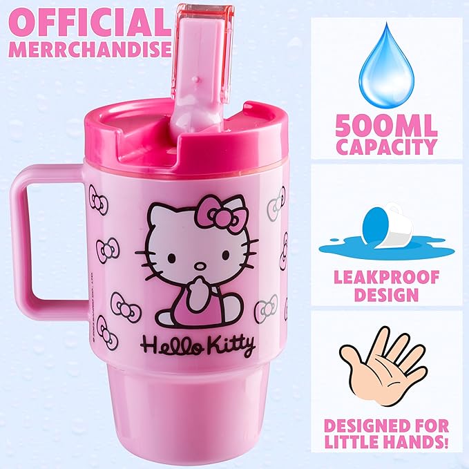 Get Trend Hello Kitty Sanrio Kids Water Bottle with Straw 16.9 oz BPA Free Leakproof Plastic Cup with Lid Handle Kawaii Tumbler Gifts for Kids (Pink Hello Kitty)